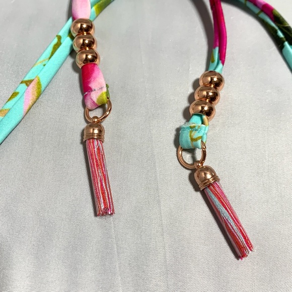 Nanette Lepore Blue Floral Triangle Bikini Top Francesca Tassels Rose Gold Sz6 - Picture 7 of 12